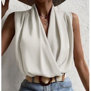 Draped Sleeveless Surplice V-Neck Blouse Top White